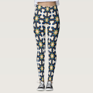 Navy Blue Cream Geometric Star Pattern Leggings