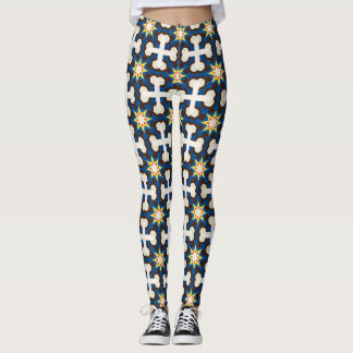 Navy Blue Cream Geometric Star Pattern Leggings