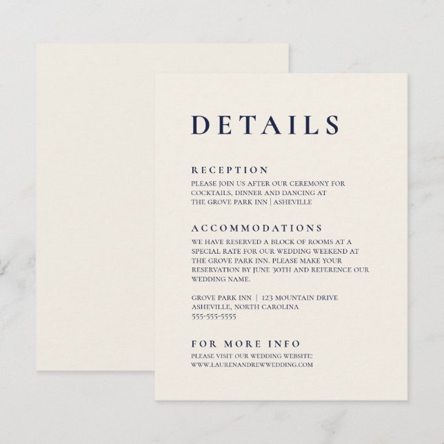 Navy Blue & Cream Modern Minimalist Elegant Enclosure Card (Front/Back)