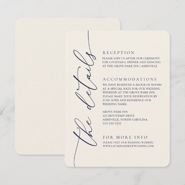 Navy Blue & Cream Modern Minimalist Wedding 2 Enclosure Card (Front/Back)