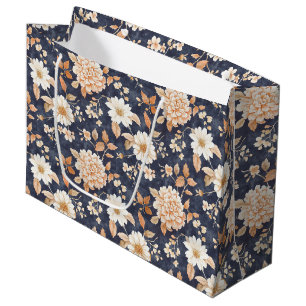 Navy Blue Cream Peach Floral Birthday Large Gift Bag