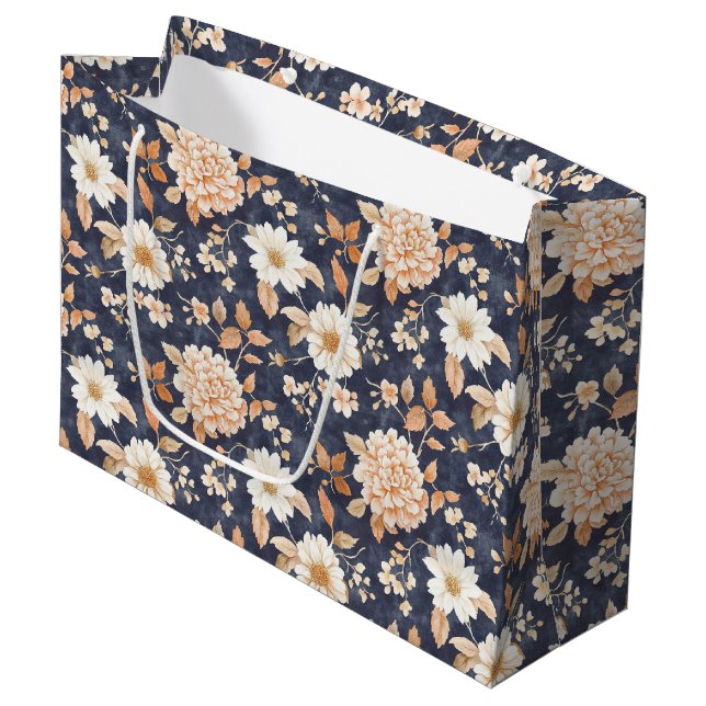 Navy Blue Cream Peach Floral Birthday Large Gift Bag (Front Angled)