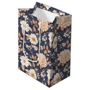 Navy Blue Cream Peach Floral Birthday Medium Gift Bag