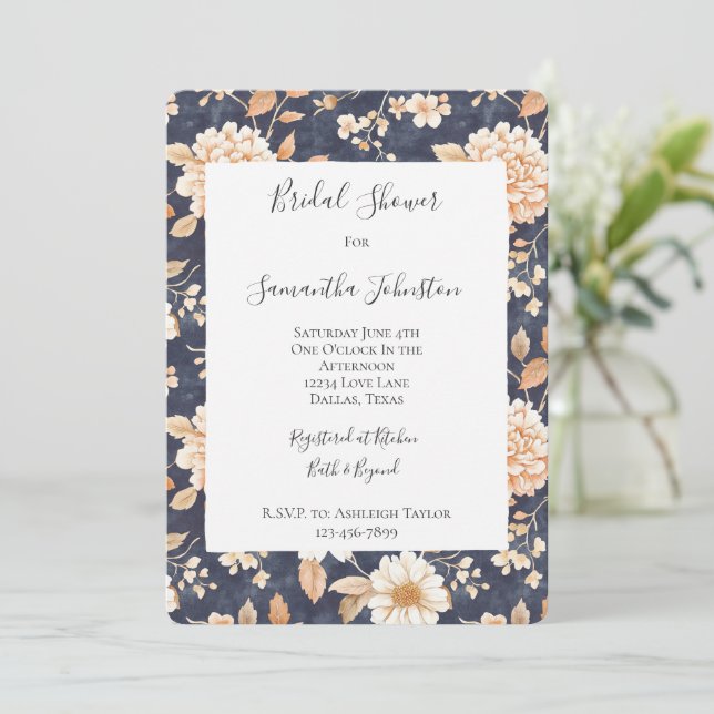 Navy Blue Cream Peach Floral Bridal Shower Invitation (Standing Front)