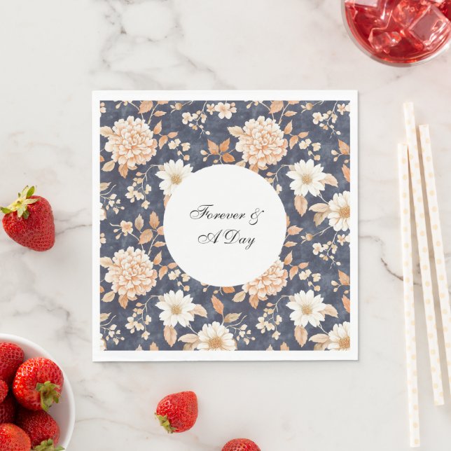 Navy Blue Cream Peach Floral Wedding Napkin (Insitu)