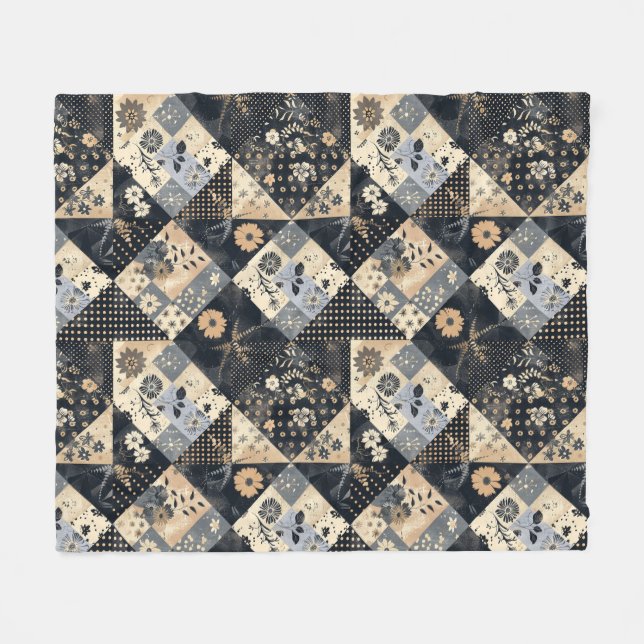 Navy Blue Cream Quilt Patchwork Gingham Patchwork Fleece Blanket (Front (Horizontal))