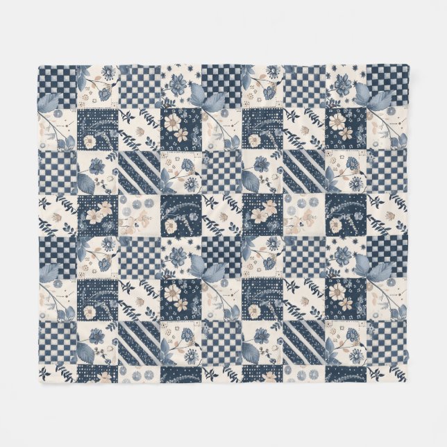Navy Blue Cream Quilt Patchwork Gingham Patchwork Fleece Blanket (Front (Horizontal))