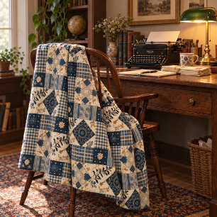 Navy Blue Cream Quilt Patchwork Gingham Patchwork Fleece Blanket