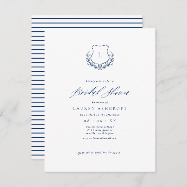 Navy Blue Crest Bridal Shower invitation Card (Front/Back)