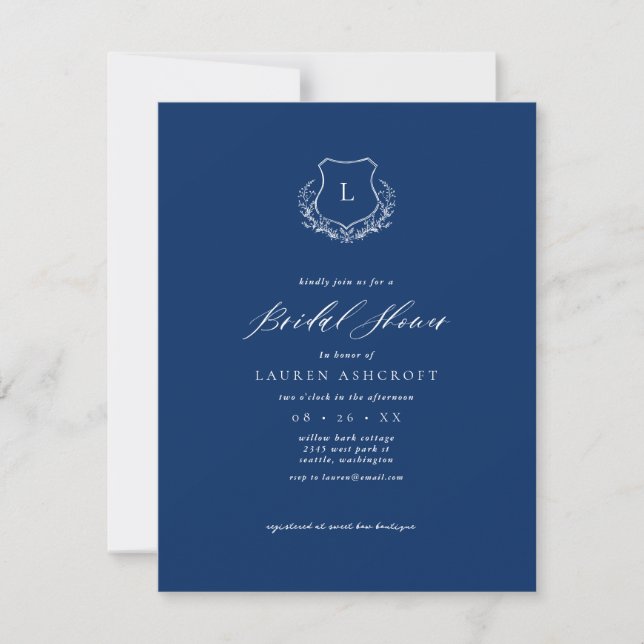 Navy Blue Crest Bridal Shower invitation Card (Front)
