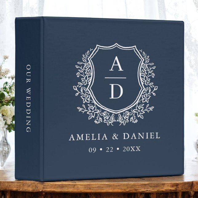 Navy Blue Crest Modern Monogram Wedding  Binder (Creator Uploaded)