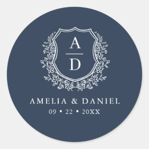 Navy Blue Crest Modern Monogram Wedding  Classic Round Sticker