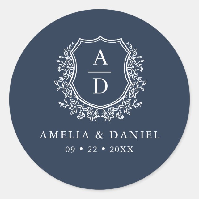 Navy Blue Crest Modern Monogram Wedding  Classic Round Sticker (Front)