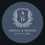 Navy Blue Crest Modern Monogram Wedding  Classic Round Sticker<br><div class="desc">Add a touch of sophistication to your wedding with the Navy Blue Crest Modern Monogram Wedding Classic Round Sticker. Featuring a deep navy blue background, a refined crest design, and a personalized monogram, this sticker is perfect for enhancing your wedding invitations, favours, or stationery. Its elegant yet modern style makes...</div>