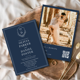 Navy Blue Crest QR Code Photo Elegant Wedding Invitation