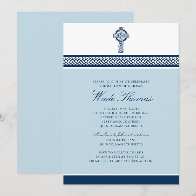 Navy Blue Cross Baptism Christening Invitation (Front/Back)