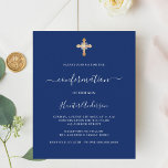 Navy blue cross boy confirmation invitation<br><div class="desc">A modern,  elegant and invitation.  A navy blue background decorated with a golden cross.  Personalize and add a name and details. White text. 

1 sheet = 1 invitation printed edge to edge.</div>