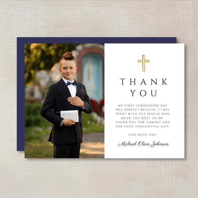 Navy Blue Cross Boy First Communion Photo Thank You Card (Navy Blue Cross Boy First Communion Photo Thank You Card)