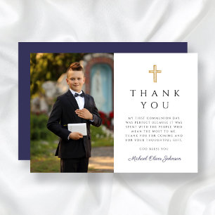 Navy Blue Cross Boy First Communion Photo Thank You Card