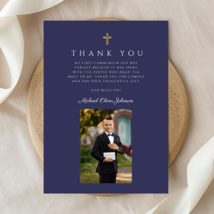 Navy Blue Cross Boy Photo First Communion  Thank You Card