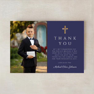 Navy Blue Cross Boy Photo First Communion Thank You Card