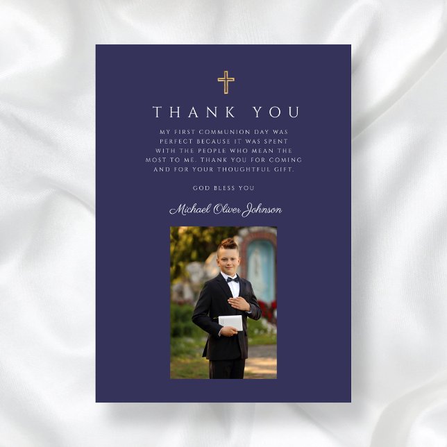 Navy Blue Cross Boy Photo First Communion  Thank You Card (Navy Blue Cross Boy Photo First Communion Thank You Card)