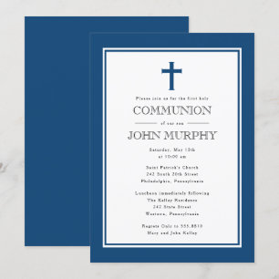 Navy Blue Cross, First Communion Invitation