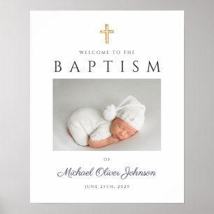 Navy Blue Cross Photo Boy Baptism Welcome Poster