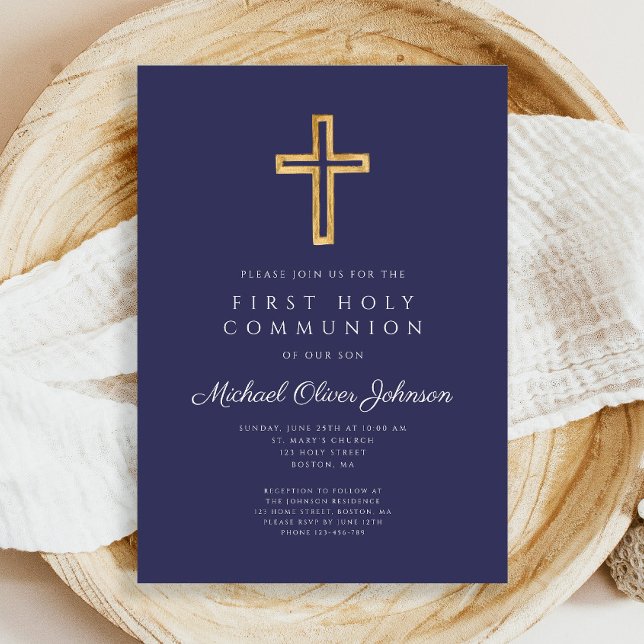 Navy Blue Cross Religious Boy First Communion Invitation (Navy Blue Religious Cross Boy First Communion Invitation)