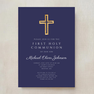 Navy Blue Cross Religious Boy First Communion Invitation