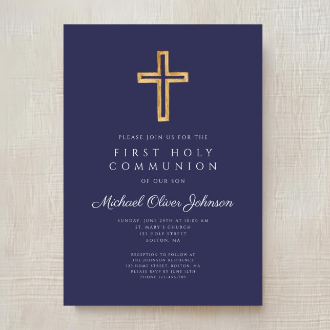 Navy Blue Cross Religious Boy First Communion Invitation (Navy Blue Religious Cross Boy First Communion Invitation)