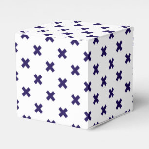 Navy blue cross stitches on white favor box