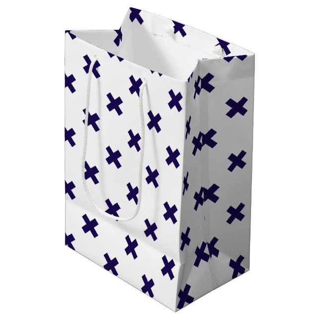 Navy blue cross stitches on white medium gift bag (Front Angled)