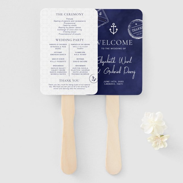 Navy Blue Cruise Destination Wedding Program Hand Fan (Front and Back)