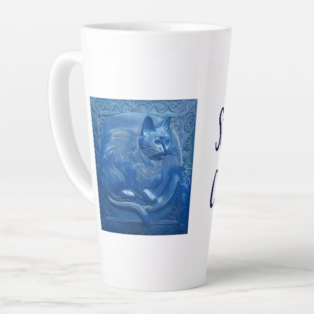 Navy blue Custom Art Nouveau cat Stylish Cat Lady Latte Mug (Left Angle)