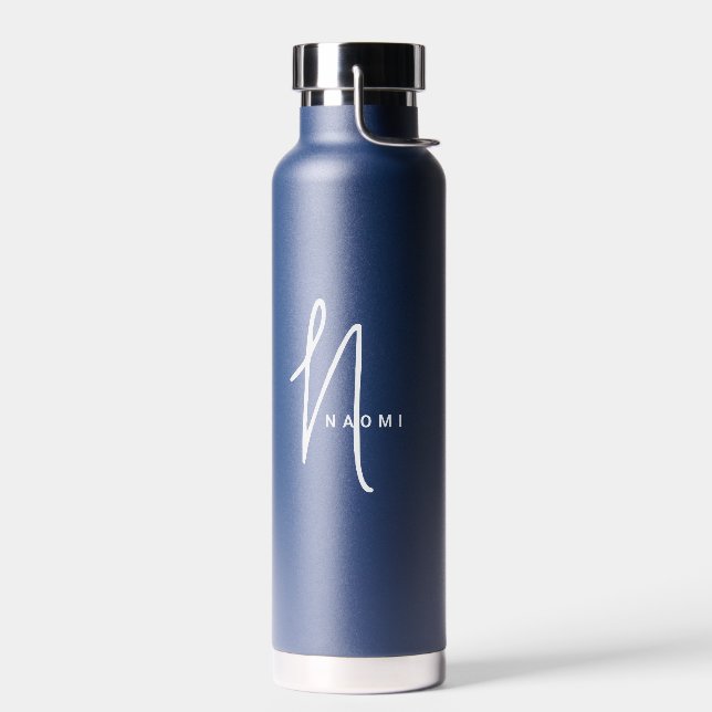 Navy Blue | Custom Monogram Script Name Stylish Water Bottle (Left)