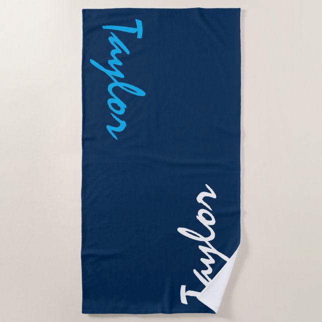 Navy Blue Custom Name Personalized Beach Towel (Front)