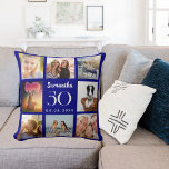 Navy blue custom photo collage birthday throw pillow<br><div class="desc">A unique gift for a 21st birthday,  celebrating her life with a collage of 8 of your own photos,  pictures.  Personalize and add her name,  age and a date. A navy blue background,  white text.   The name is written with a modern hand lettered style script.</div>