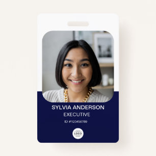 Navy Blue Custom Photo Employee ID Logo QR Code Badge