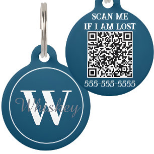 Navy Blue Custom QR Code and Monogram Pet Name Tag