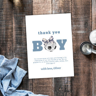 Navy Blue Cute Modern Bow Soccer Boy Baby Shower  Thank You Card