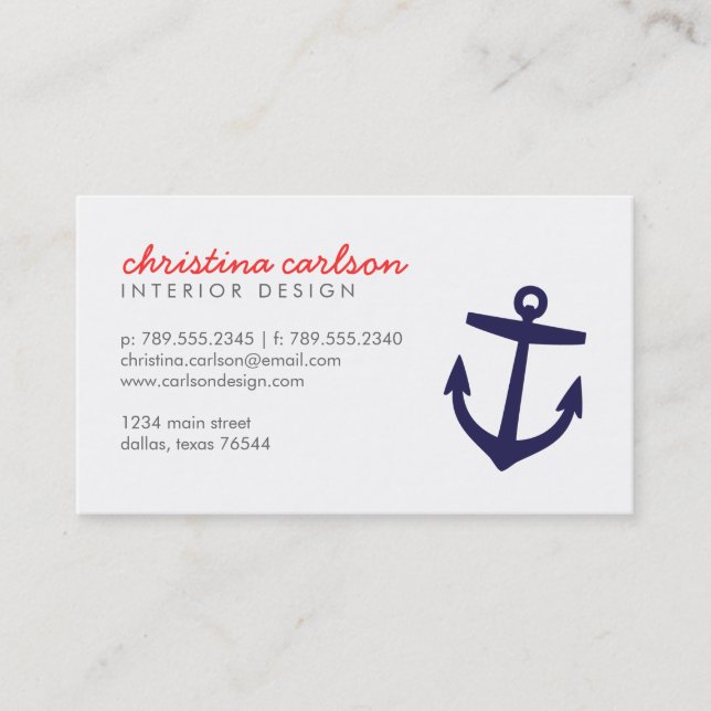 Navy Blue Cute Nautical Anchor & Stripes Business Card (Front)