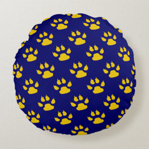 Navy Blue Cute Paw Pattern Print Round Pillow