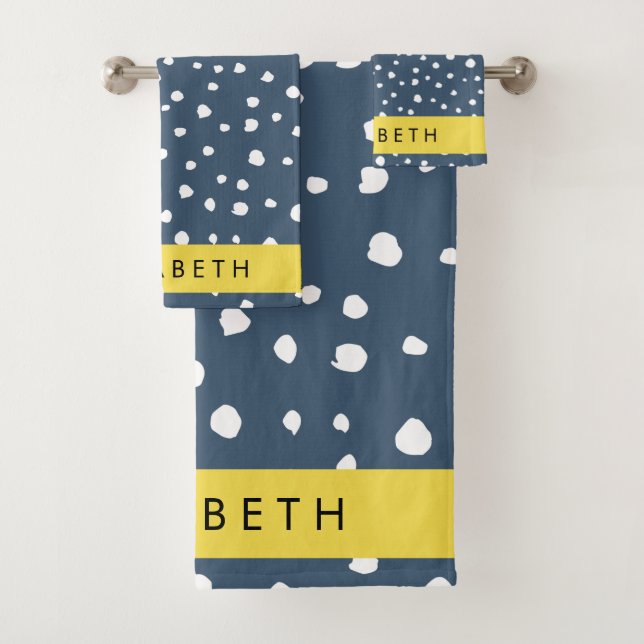 Navy Blue Dalmatian Dots, Spots, Dotted, Your Name Bath Towel Set (Insitu)