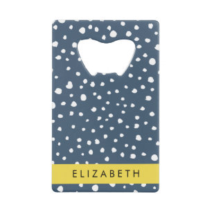 Navy Blue Dalmatian Dots, Spots, Dotted, Your Name Credit Card Bottle Opener