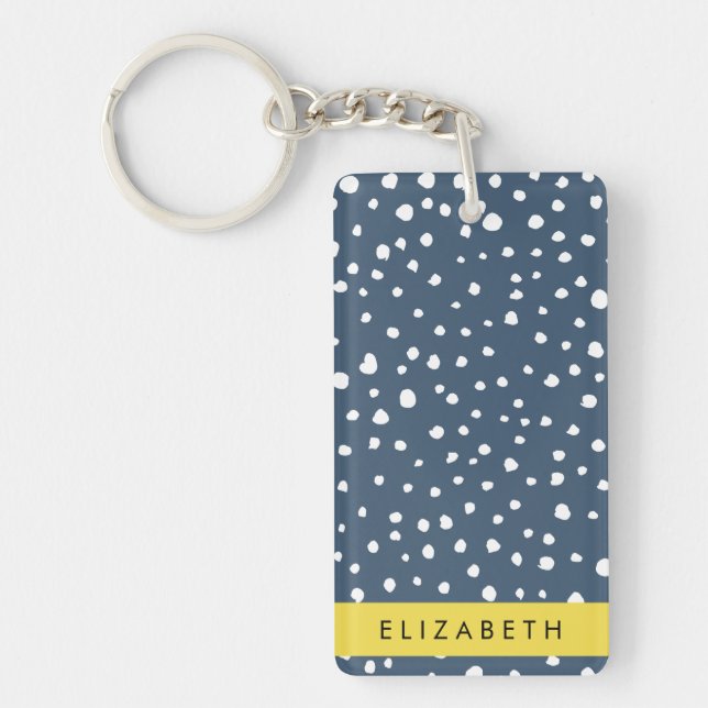 Navy Blue Dalmatian Dots, Spots, Dotted, Your Name Keychain (Front)