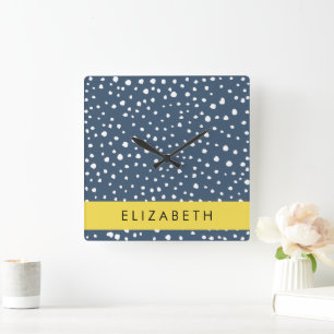 Navy Blue Dalmatian Dots, Spots, Dotted, Your Name Square Wall Clock