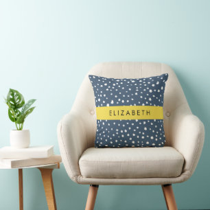 Navy Blue Dalmatian Dots, Spots, Dotted, Your Name Throw Pillow