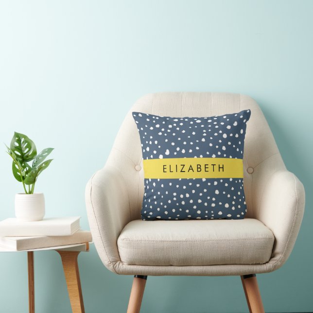 Navy Blue Dalmatian Dots, Spots, Dotted, Your Name Throw Pillow (Chair)