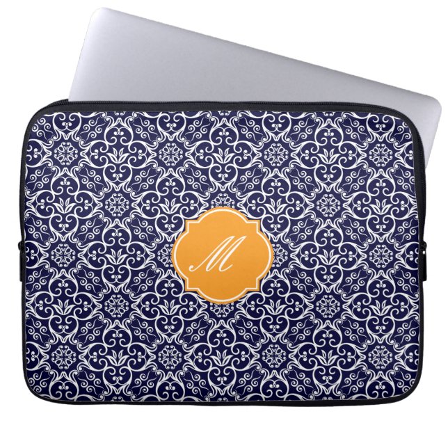 Navy Blue Damaks Pattern Laptop Sleeve (Front)